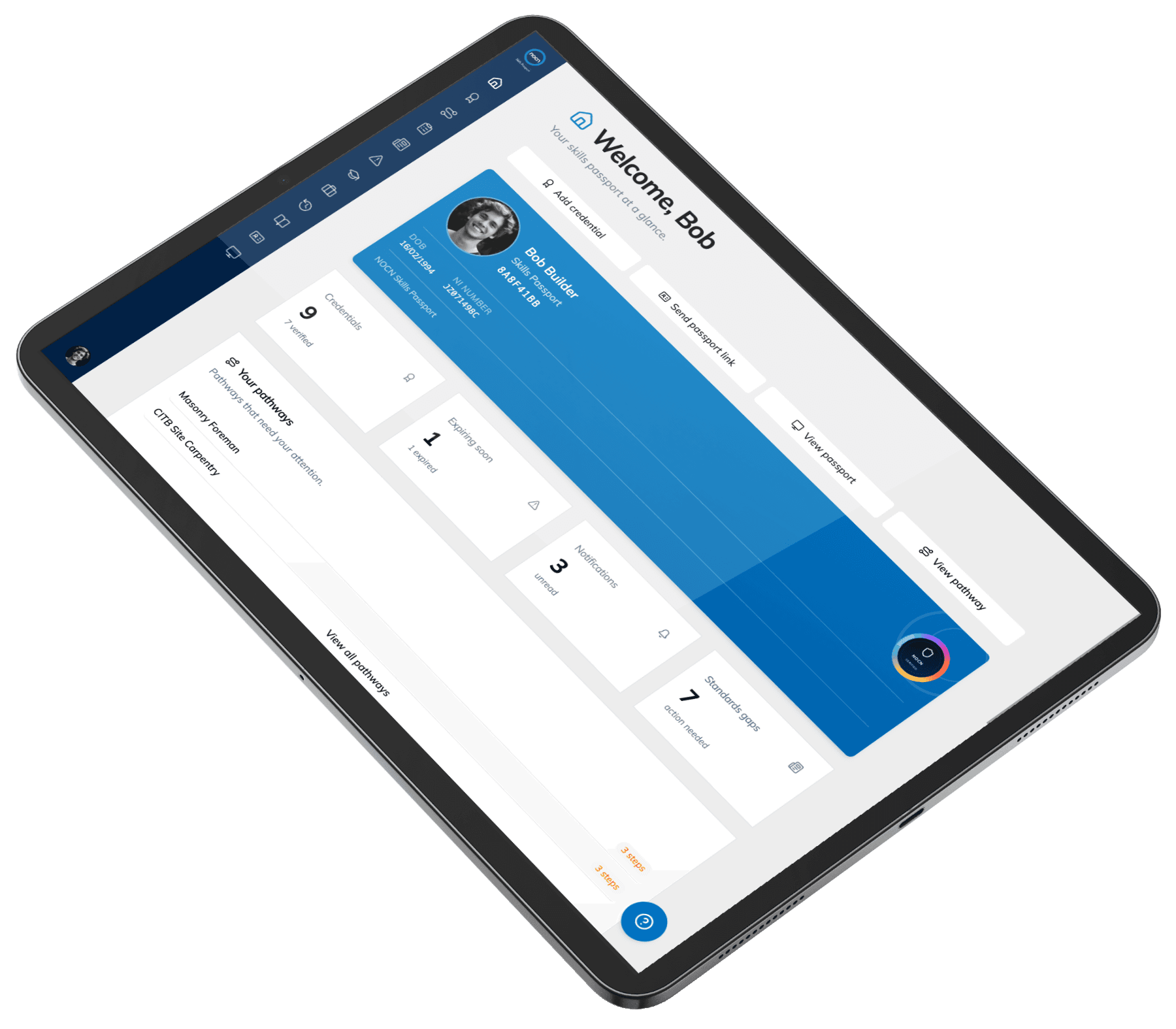 The NOCN Skills Passport dashboard on an iPad: a welcome view with credential count, expiring-soon and standards-gap tiles, and the individual's pathways.